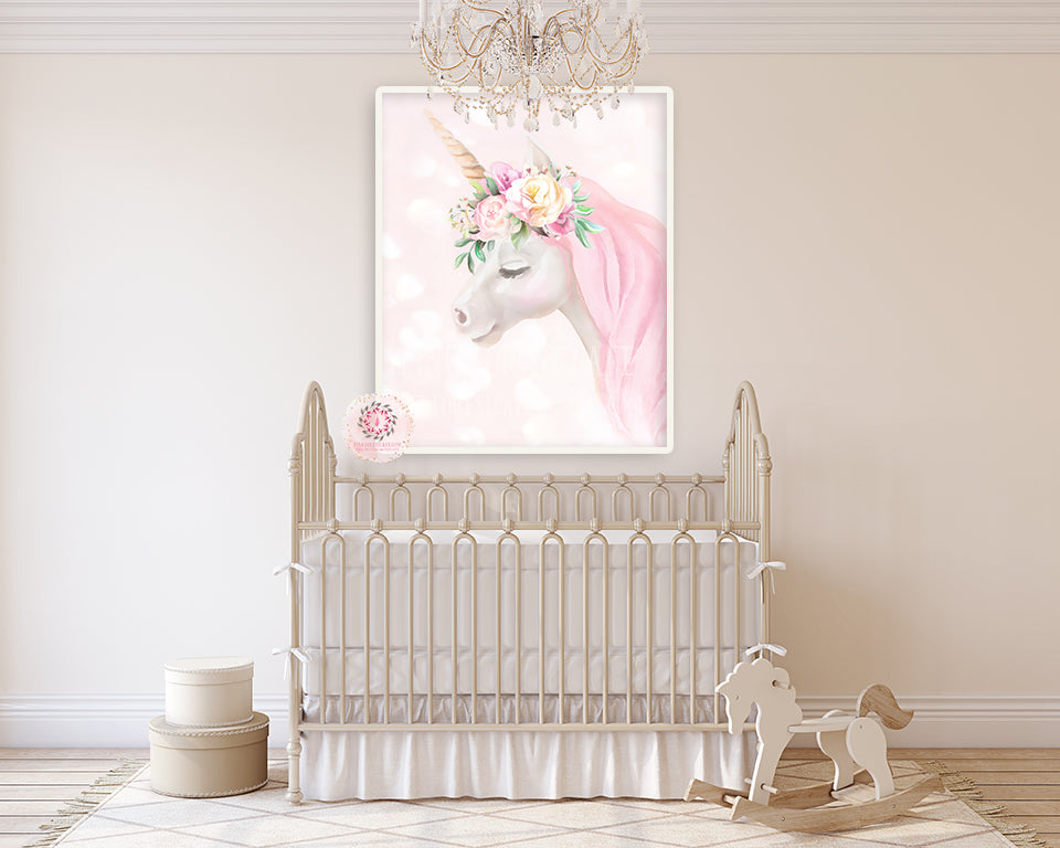 Boho Bokeh Unicorn Wall Art Print Baby Girl Pink Nursery Ethereal Whimsical Floral Printable Decor