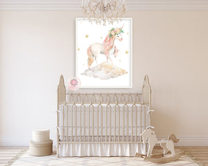 Boho Gold Star Unicorn On A Cloud Wall Art Print Baby Girl Nursery Ethereal Whimsical Peonies Peony Floral Printable Decor