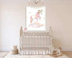 Boho Gold Star Unicorn On A Cloud Wall Art Print Baby Girl Pink Nursery Ethereal Whimsical Peonies Peony Floral Printable Decor