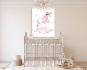 Purple Boho Gold Star Unicorn On A Cloud Wall Art Print Baby Girl Nursery Ethereal Whimsical Peonies Peony Floral Printable Decor