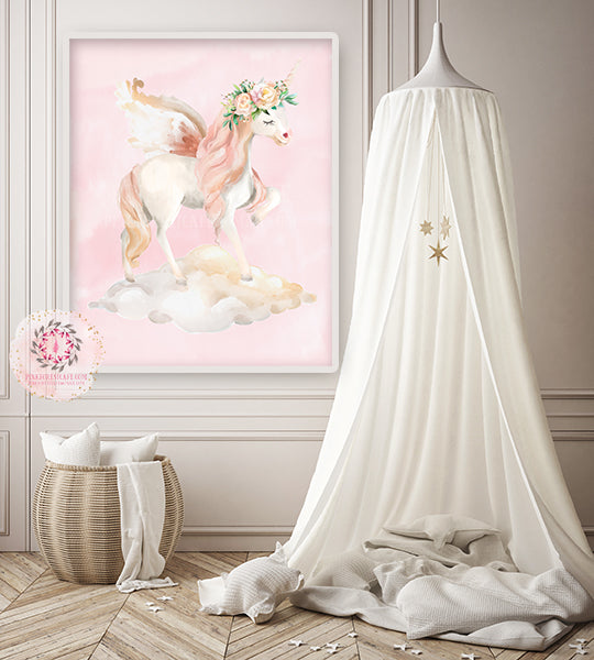 Boho Unicorn Pegasus On A Cloud Wall Art Print Baby Girl Pink Nursery Ethereal Whimsical Peonies Peony Floral Printable Decor