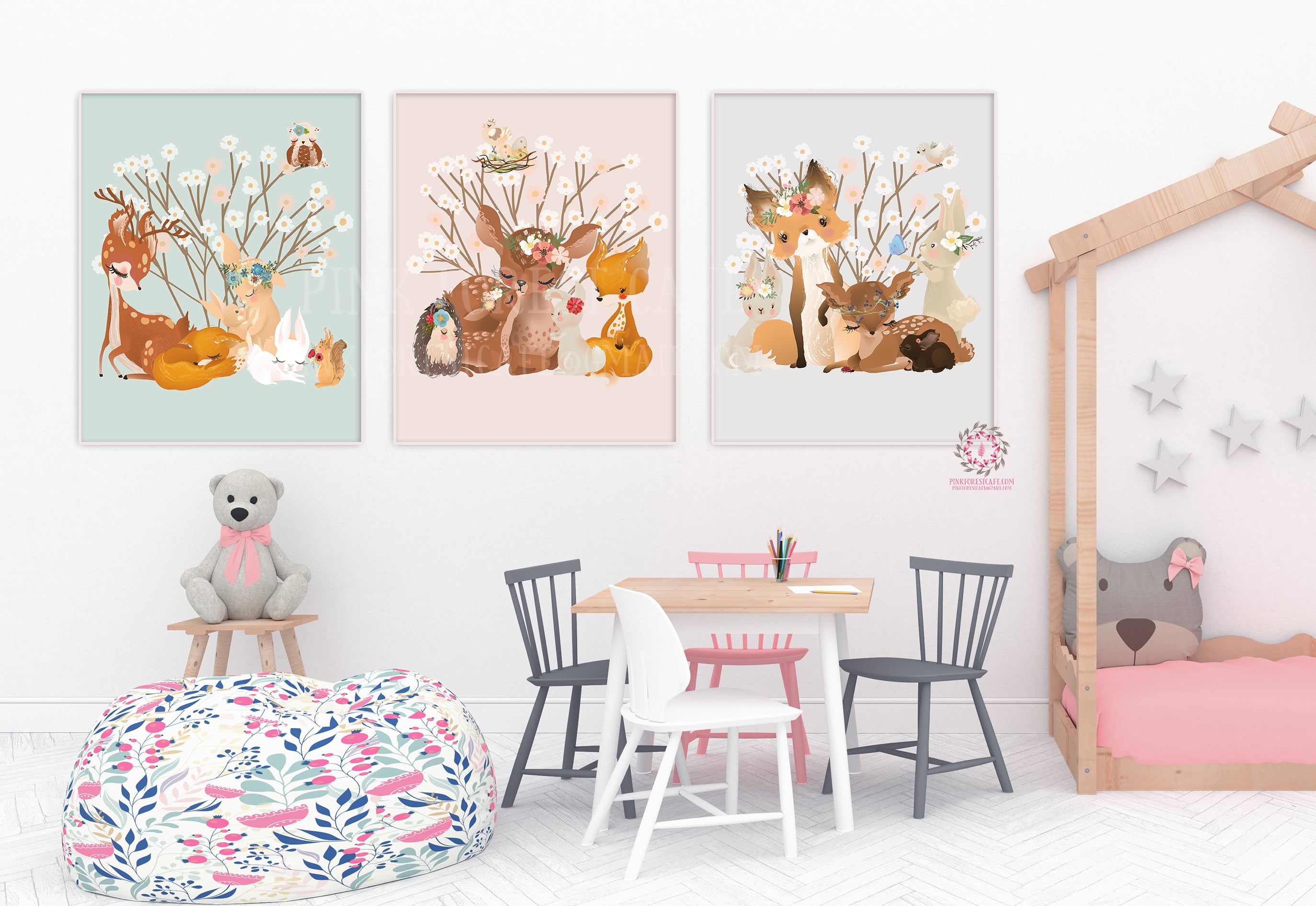 3 Boho Ethereal Bunny Deer Fox Girl Nursery Wall Art Woodland Print Fl ...