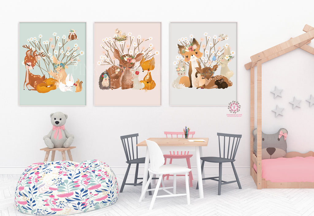 3 Boho Ethereal Bunny Deer Fox Girl Nursery Wall Art Woodland Print Fl ...