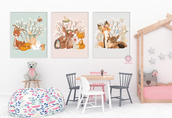 3 Boho Ethereal Bunny Deer Fox Girl Nursery Wall Art Woodland Print Floral Whimsical Hedgehog Owl Bedroom Room Printable Decor