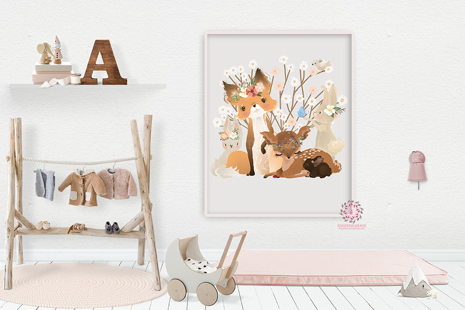 Boho Ethereal Bunny Deer Fox Girl Nursery Wall Art Woodland Print Flor ...