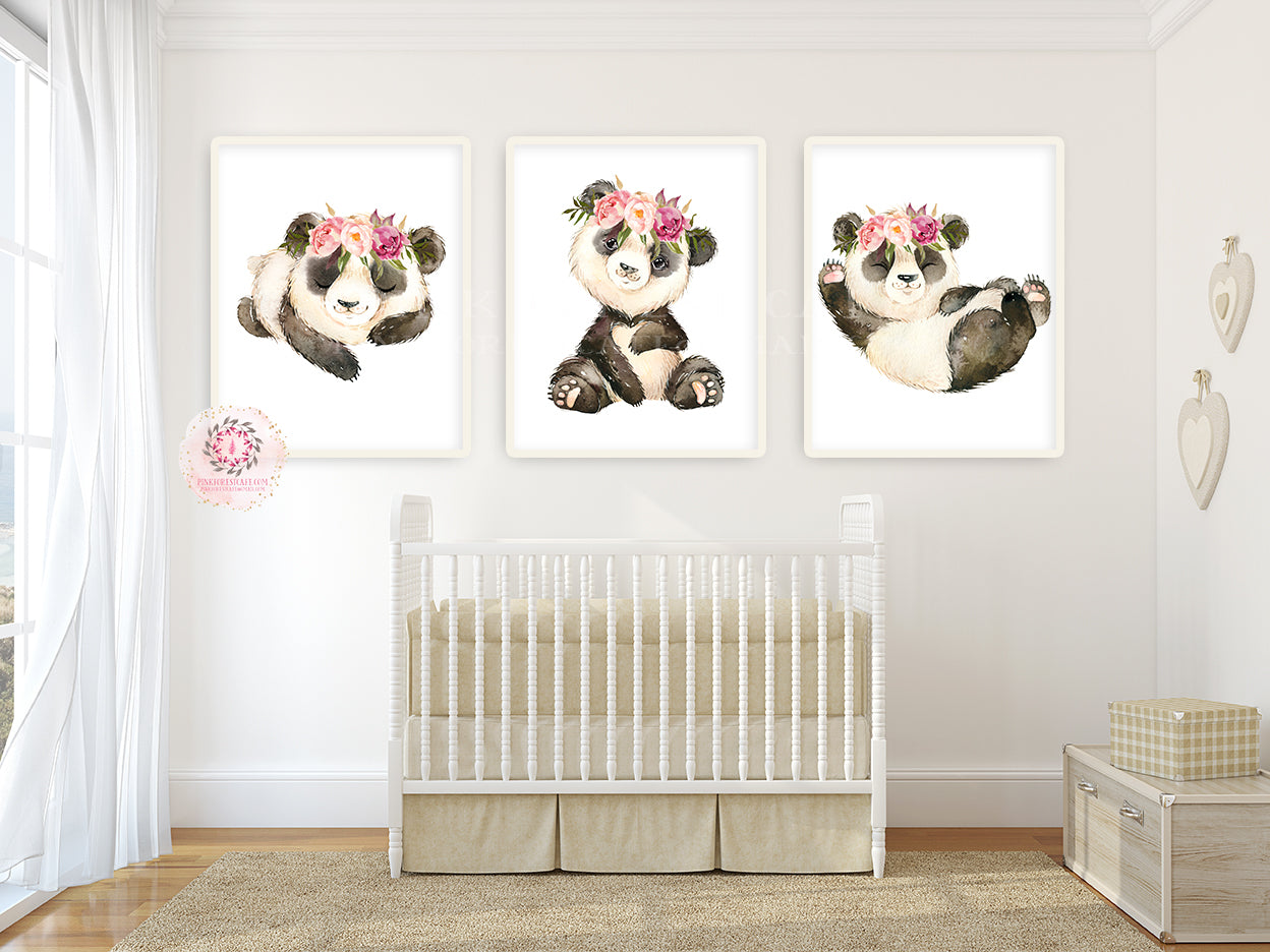 3 Boho Panda Bear Wall Art Print Peonies Nursery Baby Girl Room Blush Floral Peony Bohemian Watercolor Set Prints Printable Decor