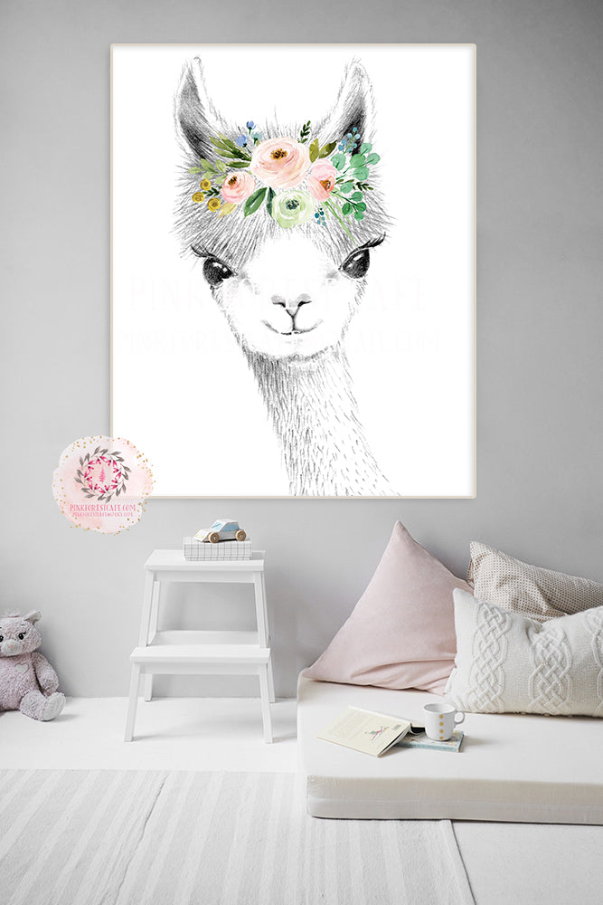Llama Alpaca Wall Art Print Boho Woodland Blush Mint Bohemian Floral Nursery Baby Girl Room Printable Decor