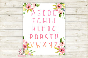 ABC Boho Floral Sampler Alphabet Wall Art Print Baby Girl Room Nursery Pink Watercolor Decor
