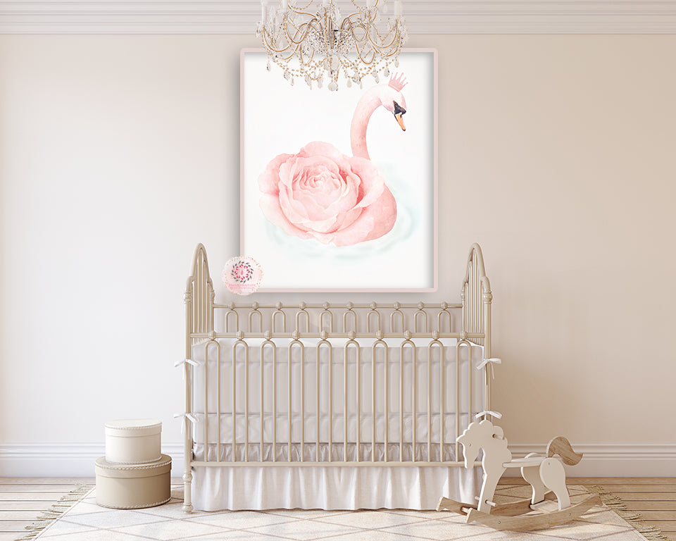 Pink Crown Boho Swan Wall Art Print Watercolor Baby Girl Sparkle Blush Nursery Printable Decor