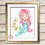 Watercolor Mermaid Nautical Baby Girl Room Printable Wall Art Prints Nursery Decor Pink Gold Print