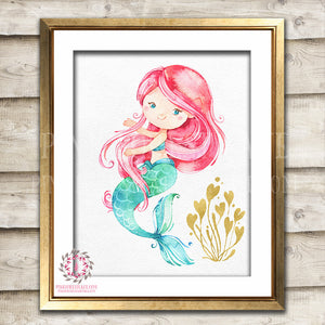 Watercolor Mermaid Nautical Baby Girl Room Printable Wall Art Prints Nursery Decor Pink Gold Print