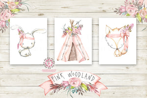Bunny Rabbit Fox Boho Teepee Wall Art Prints Nursery Pink Tribal Woodland Girl Baby Kids Room Bedroom Decor Print Set Of 3