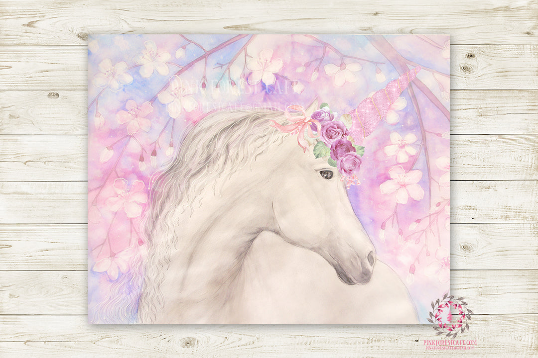 Boho Pink Purple Unicorn Wall Art Print Baby Girl Nursery Fantasy Wate
