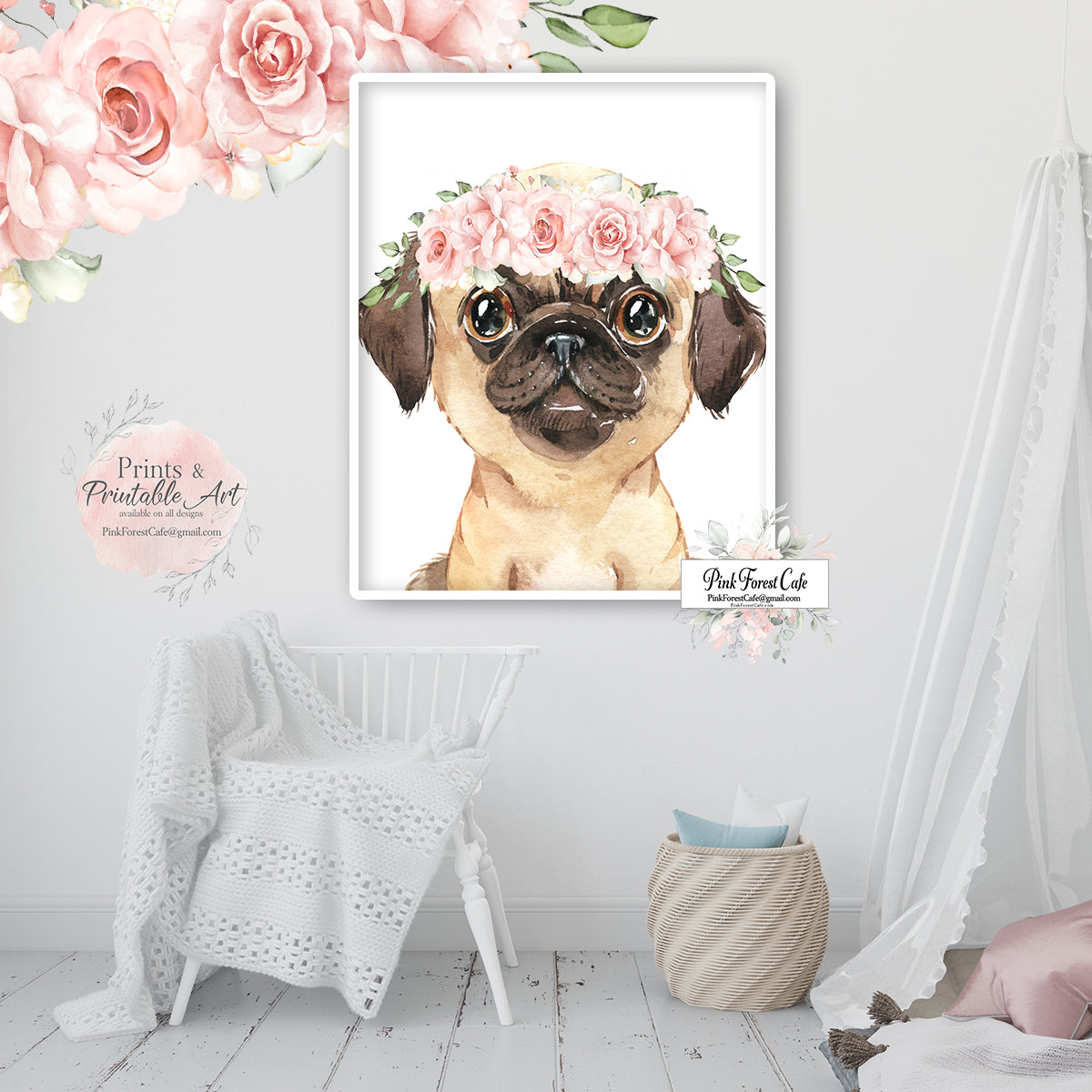 Pug Puggle Puppy Dog Nursery Wall Art Print Boho Floral Printable Wate ...