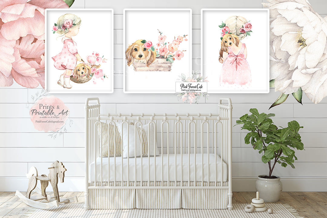 3 Little Girl Puppy Dog Wall Art Print Nursery Baby Room Blush Floral –  Pink Forest Cafe