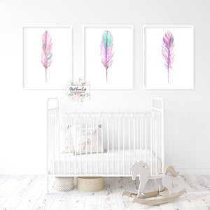 3 Boho Wall Art Print Purple Feather Trio Baby Nursery Watercolor Girl Room Prints Bohemian Printable Décor