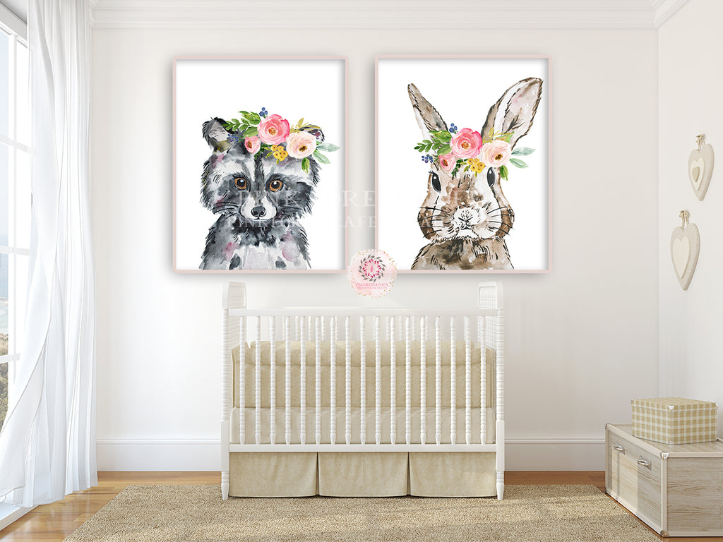 2 Boho Bunny Rabbit Raccoon Wall Art Print Woodland Baby Girl Nursery Floral Bedroom Set Lot Prints Printable Watercolor Decor