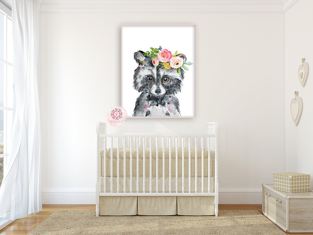 Boho Raccoon Wall Art Print Woodland Baby Girl Nursery Floral Bedroom Printable Watercolor Decor