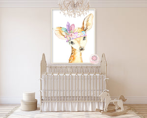 Boho Deer Wall Art Print Woodland Nursery Baby Girl Room Rainbow Feather Purple Pink Mint Watercolor Printable Decor
