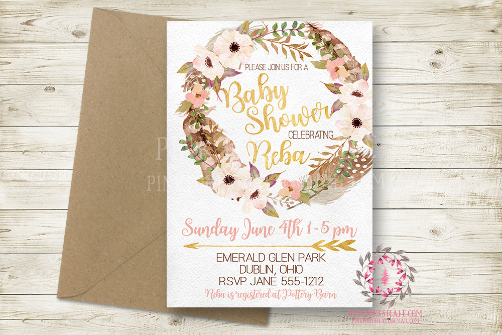 Baby Bridal Shower Invitation Birthday Invites Party Invite Wedding Save The Date Announcement Invite Feathers Tribal Woodland Watercolor Floral Rustic Printable