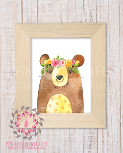 Boho Floral Bear Woodland Printable Print Wall Art Watercolor Baby Nursery Home Decor