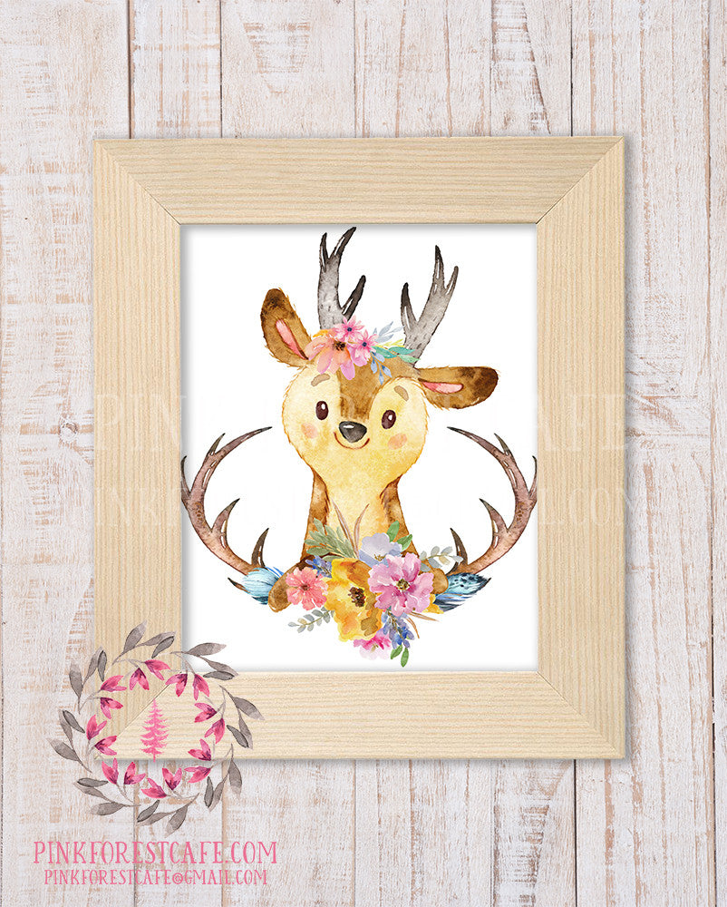 Boho Deer Antlers Woodland Printable Print Wall Art Rustic Watercolor Baby Nursery Home Decor