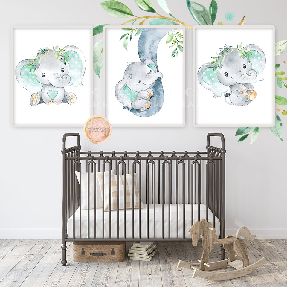 3 Mint Elephant Wall Art Print Nursery Baby Boy Girl Gender Neutral Room Watercolor Printable Decor