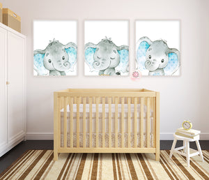 3 Elephant Wall Art Print Baby Boy Nursery Whimsical Zoo Safari Animal Watercolor Printable Decor