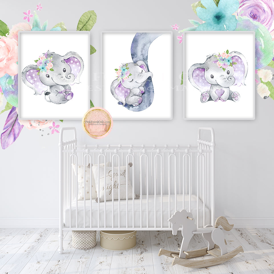 3 Purple Elephant Wall Art Print Nursery Baby Girl Room Watercolor Printable Decor