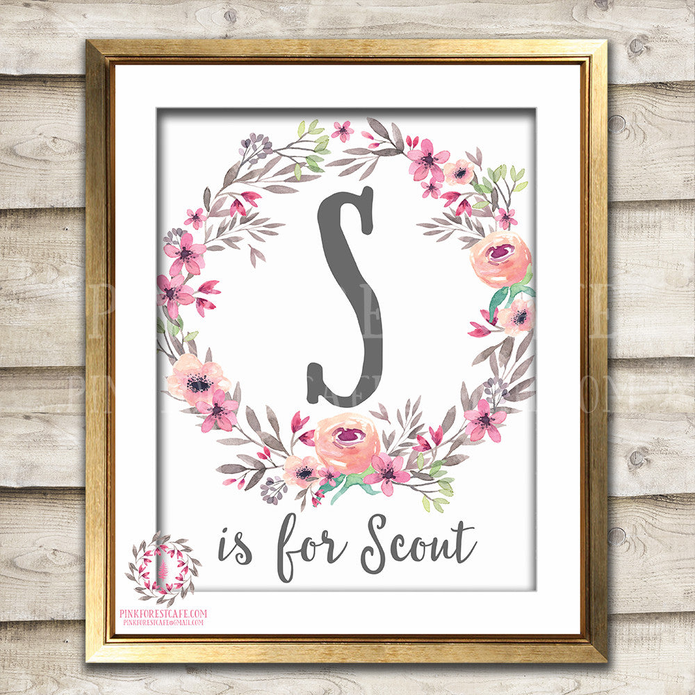 Baby Name Monogram Initial Personalized Gift Boho Watercolor Woodland Floral Nursery Decor Printable Print Wall Art