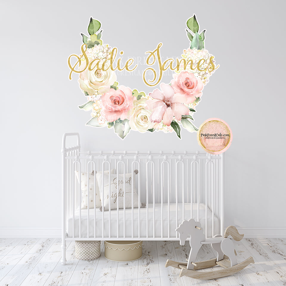 36" Classic Pink Rose Peony Peonies Floral Wall Decal Sticker Baby Girl Name Gold Flower Watercolor Cream Decals Art Boho Decor