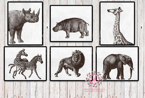 Set Lot of 6 ZOO Safari Nursery Kids Room Prints Zebra Lion Elephant Giraffe Printable Wall Art Home Decor