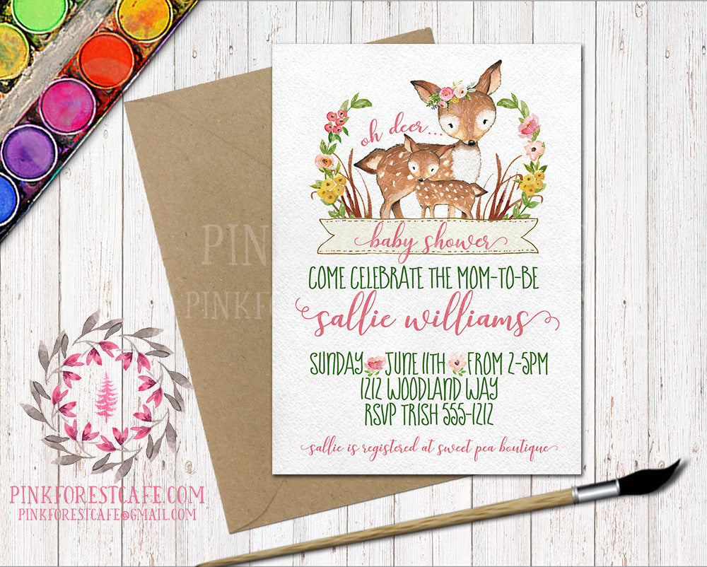 Boho Woodland Deer Fawn Baby Bridal Shower Birthday Party Invitation Invite Floral Printable