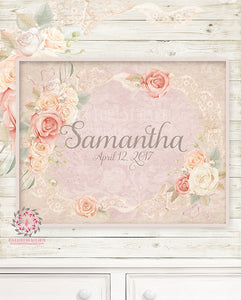 Ethereal Personalized Baby Name Boho Nursery Wall Art Print Pearl Lace Rose Shabby Chic Birthdate Bohemian Blush Room Kids Bedroom Home Limited Edition Decor