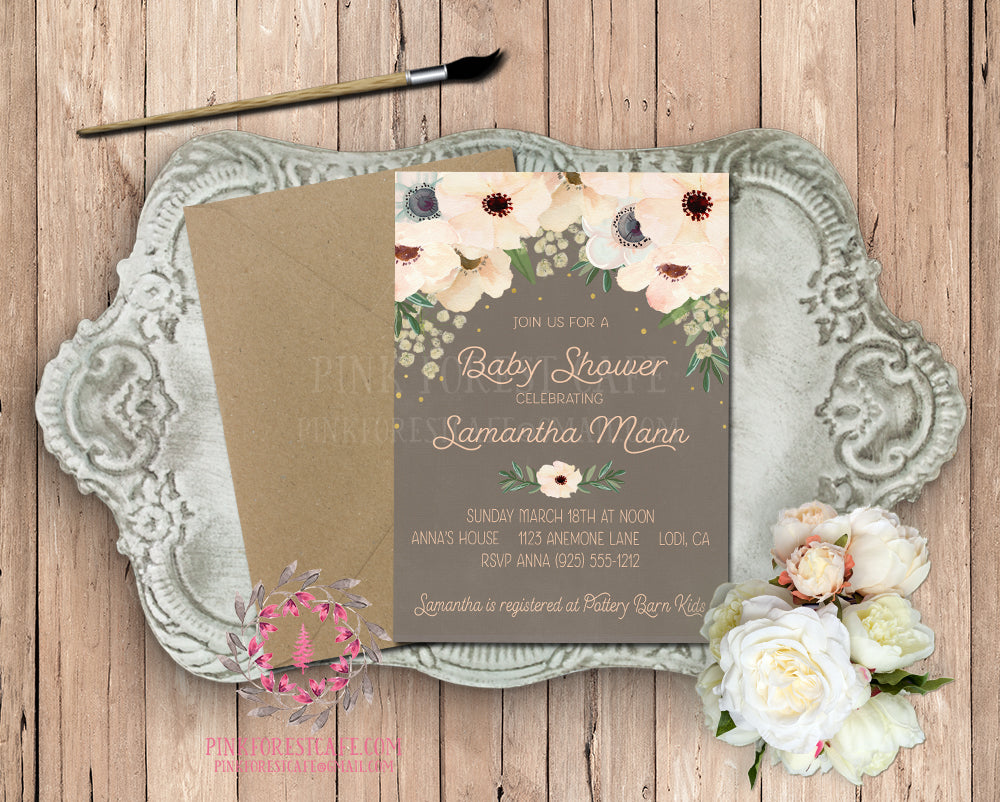 Anemone Blush Invite Invitation Baby Shower Gold Chalkboard Floral Watercolor Bridal Save The Date Wedding Announcement Printable