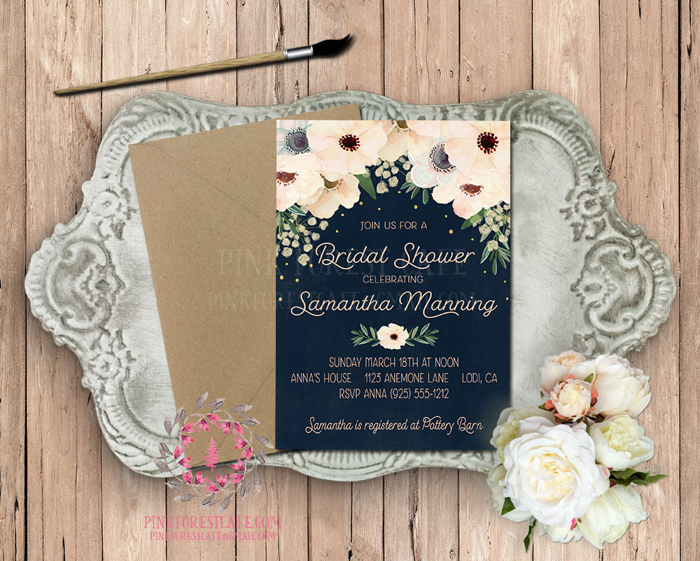Anemone Navy Blush Gold Invite Invitation Bridal Baby Shower Gold Chalkboard Greenery Floral Watercolor Save The Date Wedding Announcement Printable