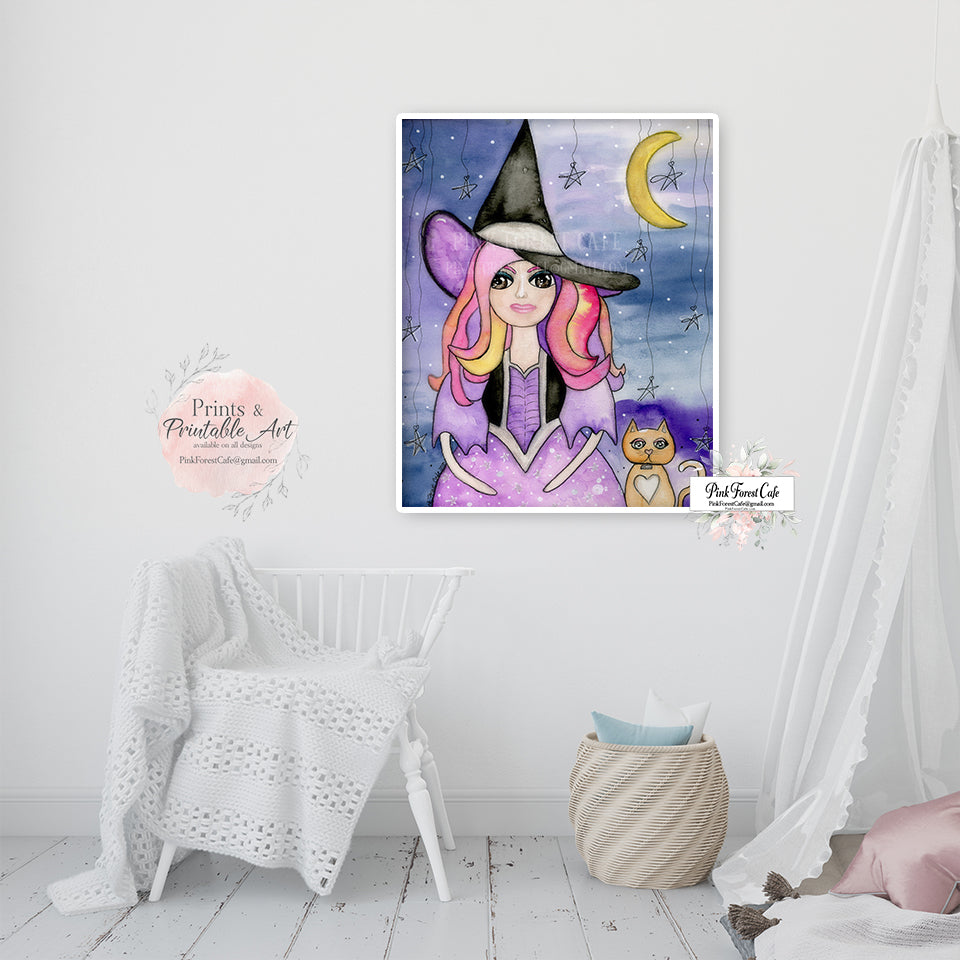 Boho Witch Costume Cat Wall Art Print Watercolor Purple Printable Décor