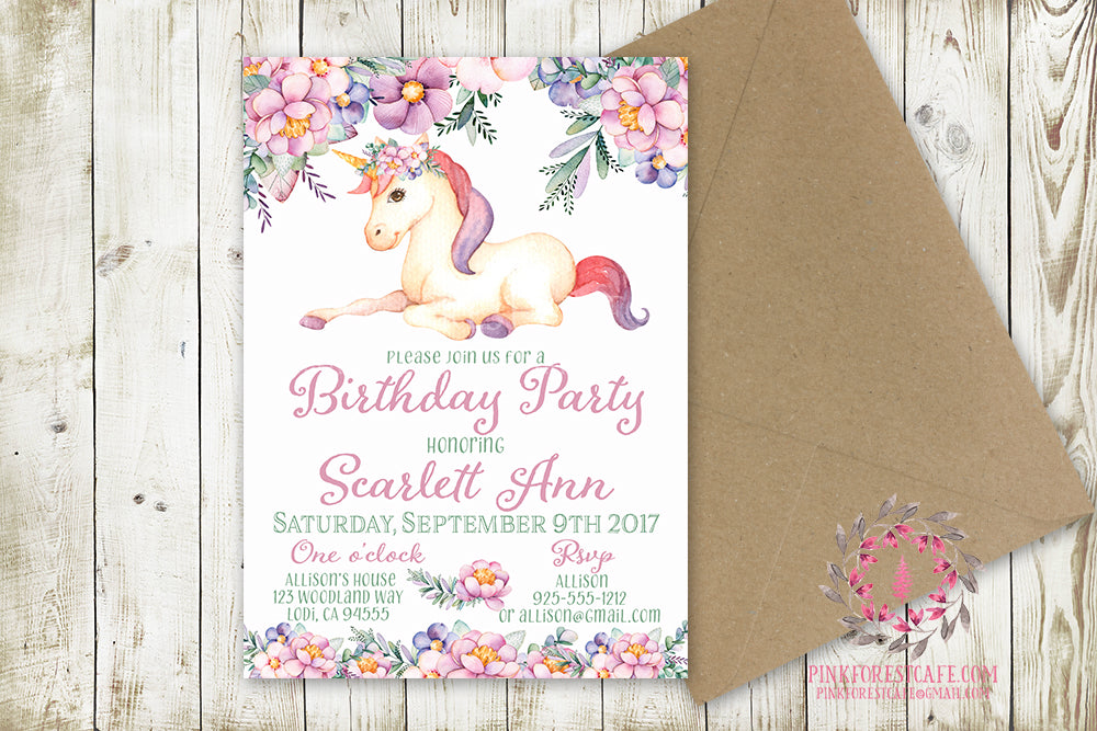 Girl Birthday Party Invite Invitation Unicorn Bridal Baby Shower Announcement Watercolor Floral Printable Art