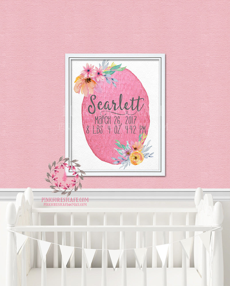 Boho Birth Stats Announcement Watercolor Personalized Baby Printable Wall Art Nursery Decor Print