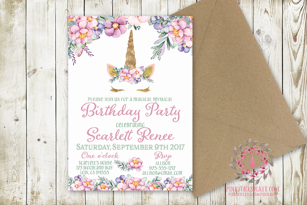 Girl Birthday Party Invite Invitation Unicorn Face Bridal Baby Shower Announcement Watercolor Floral Printable Art