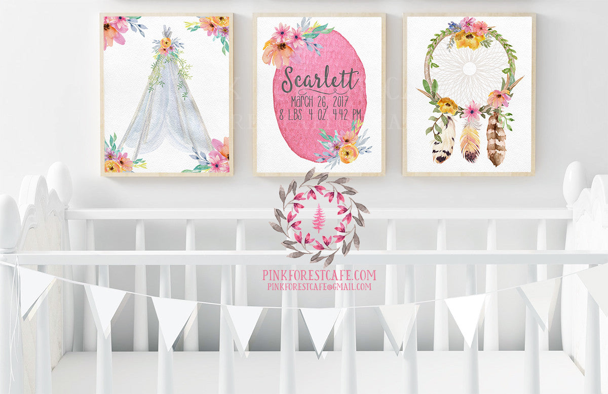 Set 3 Boho Birth Stats Announcement Teepee Dreamcatcher Watercolor Personalized Baby Printable Wall Art Nursery Decor Print
