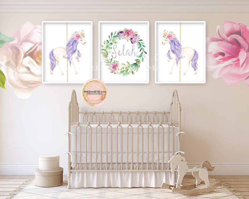 3 Boho Carousel Horse Wall Art Print Baby Girl Purple Nursery Name Personalized Ethereal Whimsical Merry Go Round Floral Printable Decor