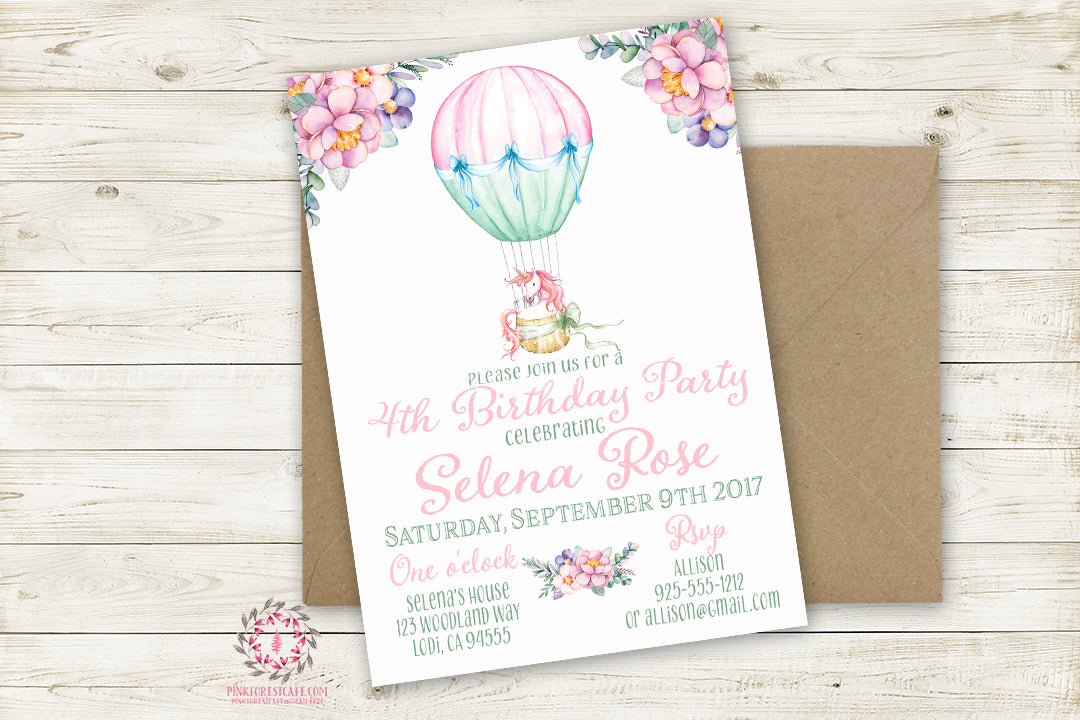 Birthday Party Invite Invitation Unicorn Hot Air Balloon Watercolor Floral Theme Printable