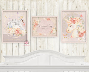 3 Prints Miss Lolly Unicorn Remington Swan Nursery Wall Art Print Boho Bohemian Baby Name Blush Room Kids Bedroom Home Limited Edition Decor