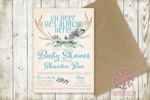 Baby Boy Invite Invitation Antlers Shower Birthday Party Deer Antlers Wedding Bridal Save The Date Announcement Feathers Tribal Woodland Watercolor Floral Rustic Printable Art