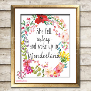Boho Alice In Wonderland Wall Art Print Baby Girl Boho Nursery Room Watercolor Floral Printable Decor