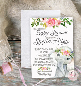 Boho Elephant Invite Invitation Baby Shower Floral Watercolor Birth Announcement Printable