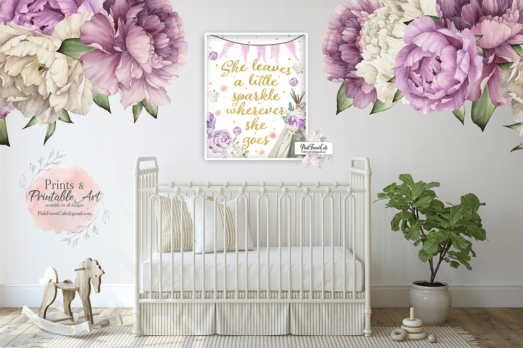 She Leaves A Little Sparkle Wall Art Print Boho Bohemian Watercolor Gold Floral Purple Peony Nursery Baby Girl Room Printable Decor