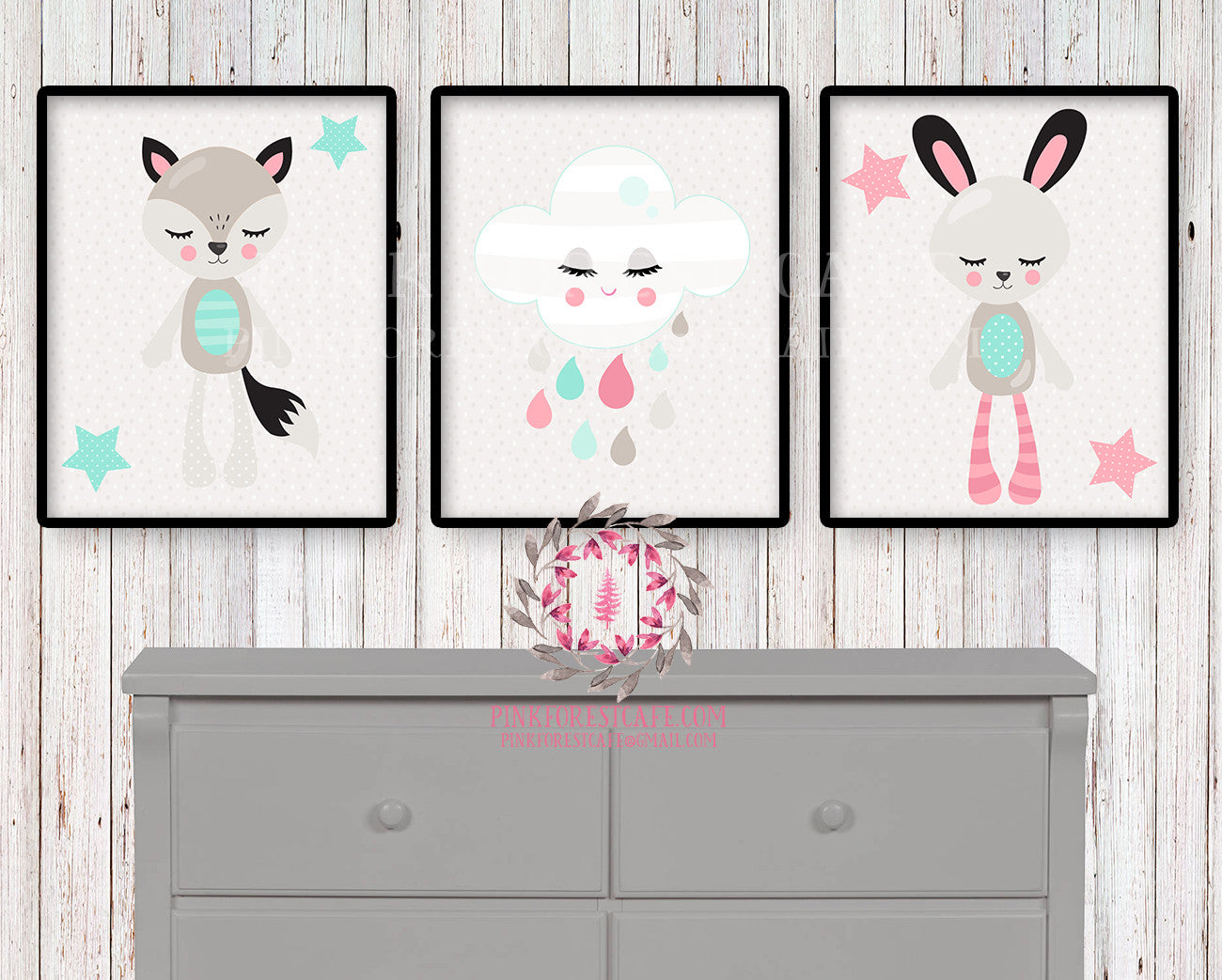 3 Fox Bunny Rabbit Woodland Scandinavian Boho Nursery Baby Girl Printable Print Room Set Lot Prints Wall Art Decor