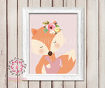 Sleepy Fox Heart Watercolor Floral Baby Girl Room Woodland Rustic Nursery Printable Wall Poster Sign Art Stationery Card Baby Shower Room Home Decor